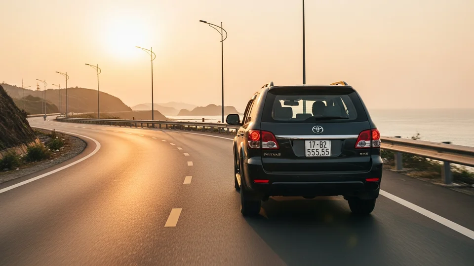 Chiếc SUV mạnh mẽ với biển số 17-B2 555.55 trên cung đường ven biển miền Trung lúc hoàng hôn