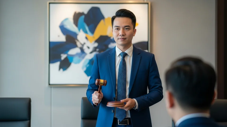 Một người đàn ông Việt Nam lịch sự, cầm búa đấu giá trong phòng hội nghị sang trọng, tượng trưng cho quá trình đấu giá biển số.